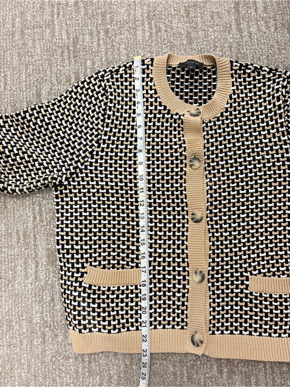 Ann Taylor Black Tan White Textured Knit Button Front Cardigan Sweater Size XL - Picture 9 of 11